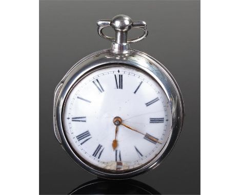 George III silver pair case pocket watch, the silver pair case with white enamel dial, Roman hours, signed movement F Symmons