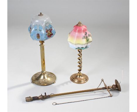 Two early 20th Century electric table lamps, with hand painted shades and gas lamp now converted, (3)