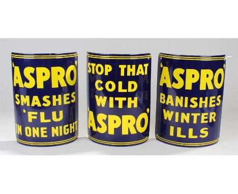 Set of three Aspro enamel signed, the first with the text "Stop that cold with Aspro" the second "Aspro banishes winter ills"