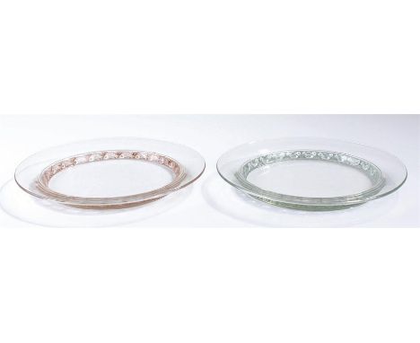 Two Lalique plates, with wide edge, bird and fish borders, marked R Lalique, 22cm wide (2)