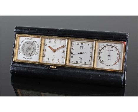 Angelus four dial desk timepiece, the gilt brass case housing for silvered dials, to include a barometer, a clock, a day/date