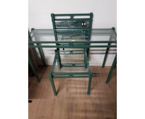 METAL AND GLASS TOPPED CONSOLE TABLE WITH MATCHING LAMP TABLE AND MIRROR