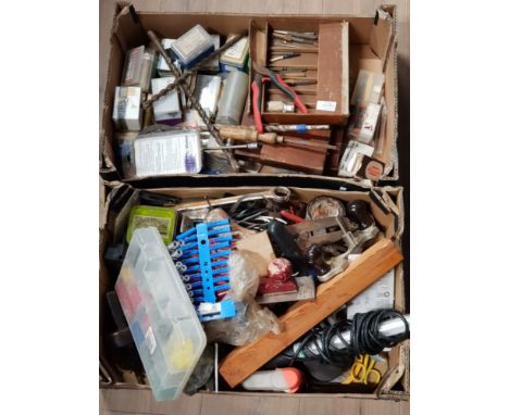 2 BOXES OF VINTAGE HAND TOOLS AND DRILL BITS