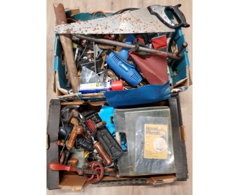 2 BOXES OF VINTAGE TOOLS AND DRAPER DRILL
