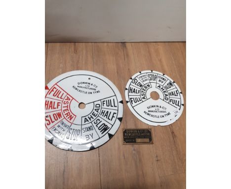 2 SHIP ENGINE SPEED CONTROL SIGNS TOGETHER WITH A DONKIN AND CO NEWCASTLE ON TYNE BRASS PLAQUE