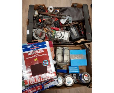 2 BOXES CONTAINING VINTAGE TOOLS PLUS SEALED SAND PAPER AND PAINT ETC