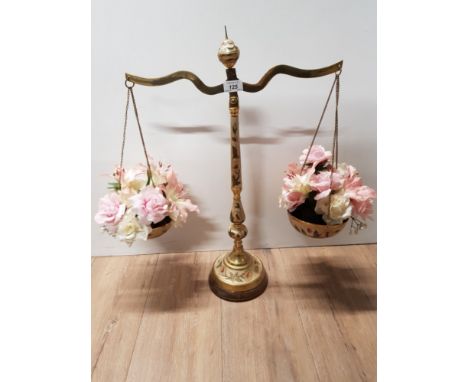 BRASS FLORAL PATTERNED APOTHECARY BALANCE SCALES CONTAINING ARTIFICIAL FLOWERS