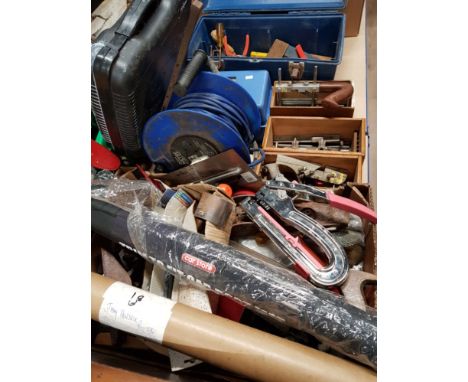 BOX OF HAND TOOLS PLUS EXTENSION LEAD AND TOOL BOXS ETC