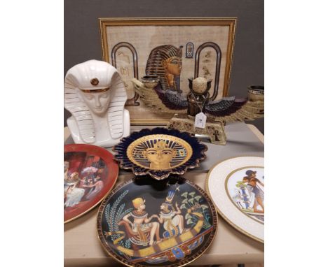 CERAMIC PHARAOH BUST PLUS EGYPTIAN STYLE PLATES AND SCARAB BEETLE TWIN CANDLE HOLDER WITH BOX