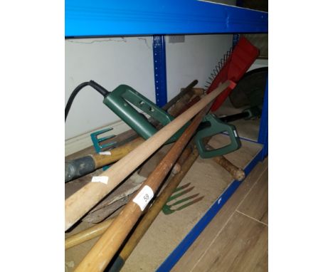 A BUNDLE OF GARDEN TOOLS INC RAKES ETC