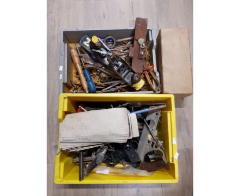 2 BOXES OF ASSORTED TOOLS INC PLANES SANDING PAPER ETC