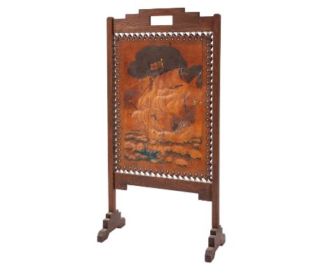 An embossed and painted leather and oak fire screen, circa 1930; the rectangular screen depicting a galleon under sail; the f