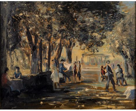 French School, 20th Century
A sunlit park scene with figures and a pavilion beyond, probably a sketch
Oil on canvas
39.5 x 49