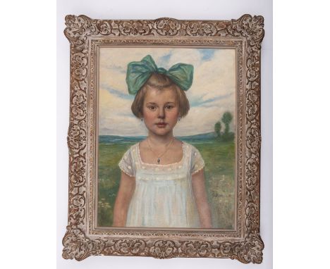 Continental School, 20th Century Portrait of young girl in a white dress with a green ribbon in her hair Oil on canvas 56 x 4