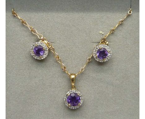 A 9ct gold, amethyst and diamond necklace and a pair of matching stud earrings, 4.6g, 37.5cm chain 