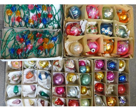 A collection of forty-nine vintage Christmas baubles, two sets of vintage Christmas lights and Christmas floss 