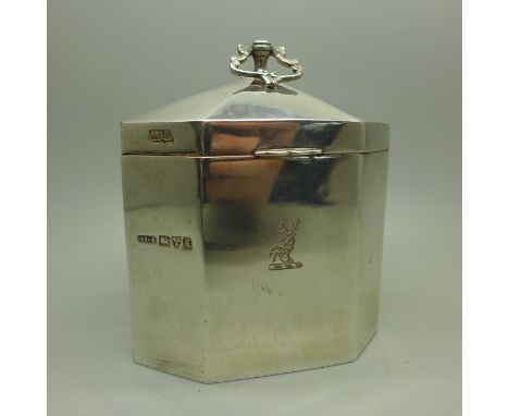 A silver tea caddy with stag crest, Chester 1905, 135g 