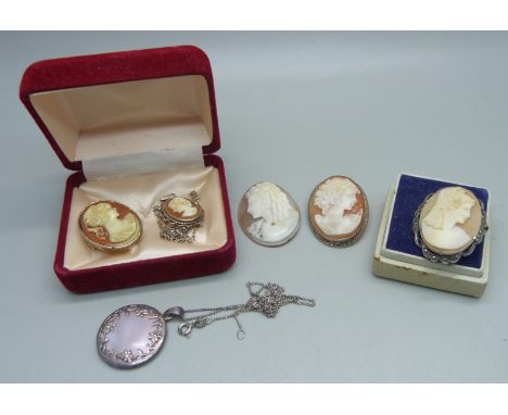 A collection of cameos including one in silver setting, and one unmounted, and a silver and mother of pearl necklace, marcasi