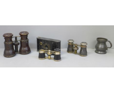 Vintage opera glasses including Jumelle Duchesse, Altex Panis, Le Jockey Club Paris with vintage camera, etc. 