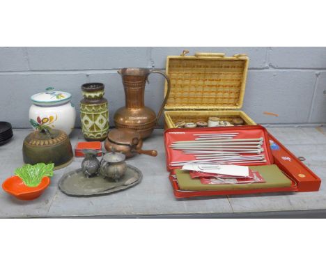 Two boxes, haberdashery and knitting needles, West German vase, Past Times compact, copper pitcher, etc. **PLEASE NOTE THIS L