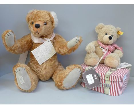 A Steiff Fynn bear in suitcase and a Deans Tearose bear 