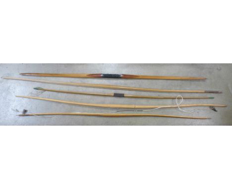 Five vintage archery bows and accessories **PLEASE NOTE THIS LOT IS NOT ELIGIBLE FOR POSTING AND PACKING** 