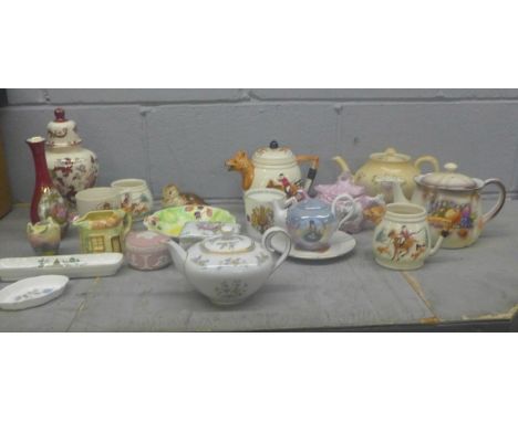 Mixed china including a Fox Hunting tea set, decorative tea pots, commemorative china, Poole duckling, Wedgwood Jasperware po