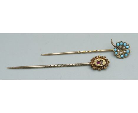 A 9ct gold stick pin set with turquoise and seed pearls (one stone missing), 1.2g, and a 15ct gold stick pin set with a ruby 