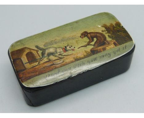 A papier mache snuff box with pictorial lid, 'Don't You Wish You May Get It', 7.5cm 