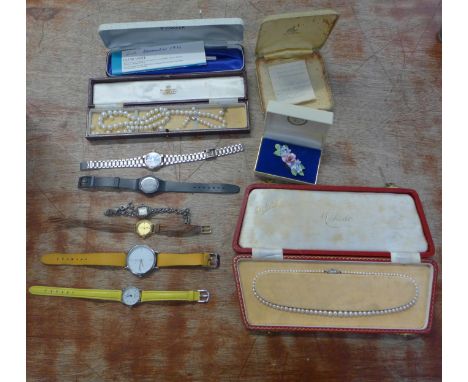 A collection of vintage jewellery, wristwatches, pearl necklaces, pens including one with 14ct gold nib 