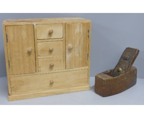 A vintage wood plane, a/f and a balsa wood cabinet 