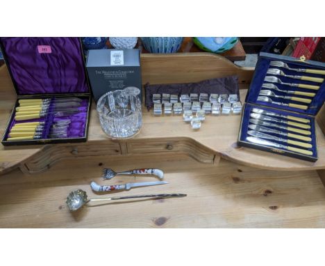 Small mixed lot to include Georgian silver toddy ladle with whalebone handle, cased fish cutlery sets, Perspex placeholders a