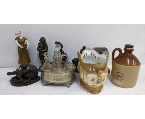 A mixed lot to include spelter figures, a ceramic and gilt spelter woman feeding chickens, composition figures and other item