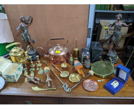 A mixed lot of copper and brassware, pair of French spelter figurines A/F, box cameras, and Swiss/German painted wooden nut c