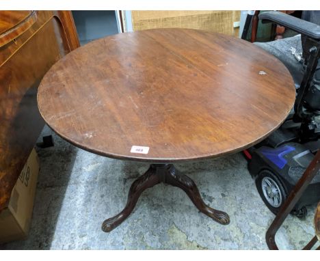 Georgian mahogany tilt top table, plain circular top, turned column on knee carved tripod base Location: 