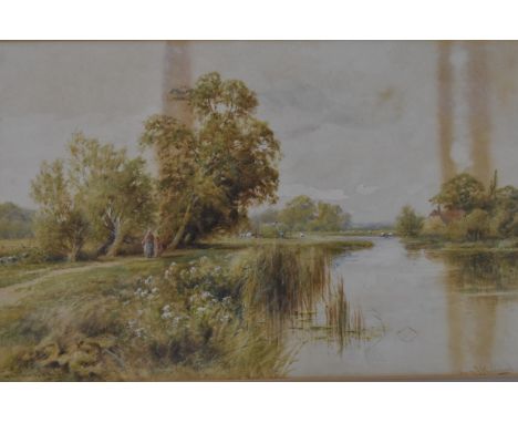 Henry John Kinnard (1861-1929) - a river scape with a mother and child on a path, workers gathering hay, cattle and a house, 