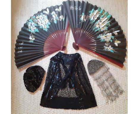 A 1920's black sequin cape having a button mesh ground decorated with black sequins throughout, a modern black sequin beret, 