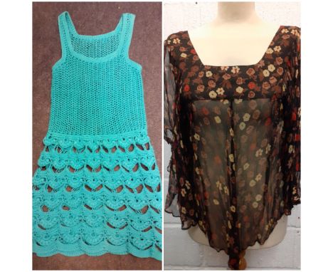 A 1960's turquoise coloured and crotchet mini dress, 24/26" chest x 29" long together with a 1970's David Silverman black she