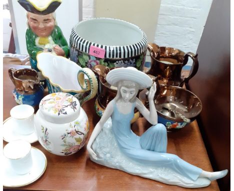 Ceramics to include a musical Toby jug, copper lustre jugs, a Saddler ginger jar, a Nao figure and other itemsLocation: RAB 