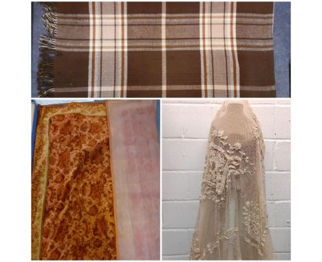 A vintage brown woollen clip-on car rug, 38" x 60" together with a 1960's terracotta ground rug, 70" x 63" and a vintage crea
