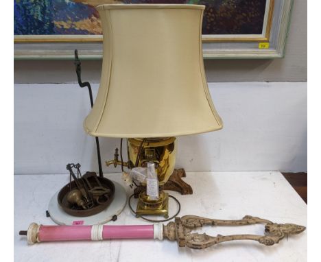 A brass Samova converted to a lamp and the component parts of Victorian scalesLocation: 