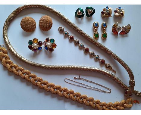 A 9ct gold fine chain necklace, 2.2g, late 20th Century gold tone costume jewellery, mainly 1980's to include clip on earring