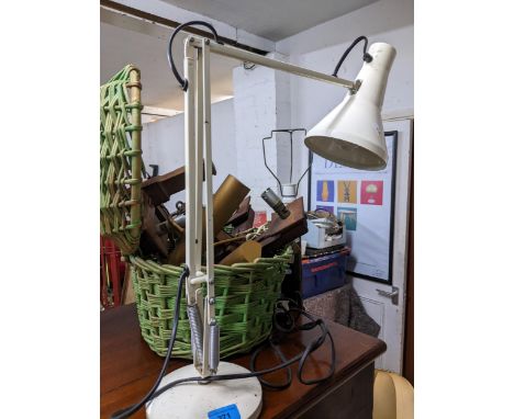 A mixed lot of lighting to include a white painted anglepoise light (no maker's marks), a carved wooden Oriental standard lam