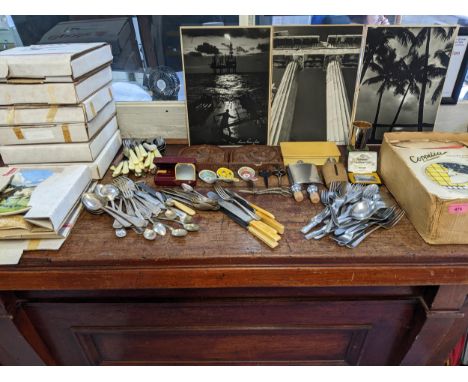 A quantity of silver plated, stainless steel and other cutlery, collectables including a cased set of scissors, Roman lighter