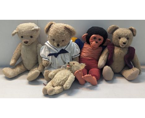 Four mixed unsigned vintage Teddy Bears to include a 40cm example having knitted waistcoat, open mouth, 28cm bear having tart