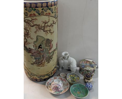 Mixed Oriental items to include an 18th century Chinese tea bowl, large Japanese Satsuma stick stand, blanc de chine elephant