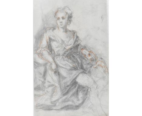 A 19th century portrait of a young woman sat on a chair with a dog at her feet, pencil and pastel, 32cm x 21cm, framed and gl