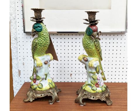 PARROT CANDELABRA, a pair, glazed ceramic with gilt metal mounts and sconces, 36cm H. (2) 
