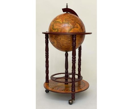 GLOBE DRINKS CABINET, in the form of an antique terrestrial globe on stand with rising lid, 90cm H. 