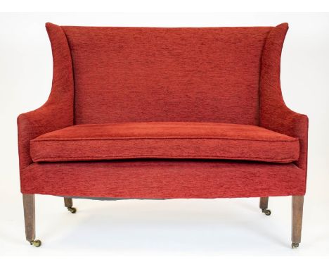 SOFA, 99cm H x 124cm W, 19th century mahogany and beechwood in chenille upholstery on brass castors. 